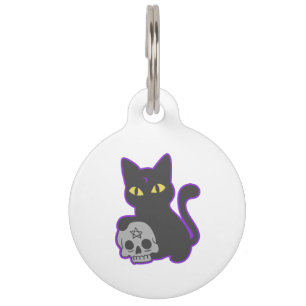 Placa Para Mascotas Gato mágico con cráneo fantasma - Elige el color
