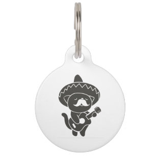 Placa Para Mascotas Gato mexicano con guitarra - Elige color de fondo