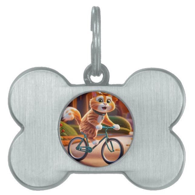 Placa Para Mascotas Gato montando una bicicleta (Frente)