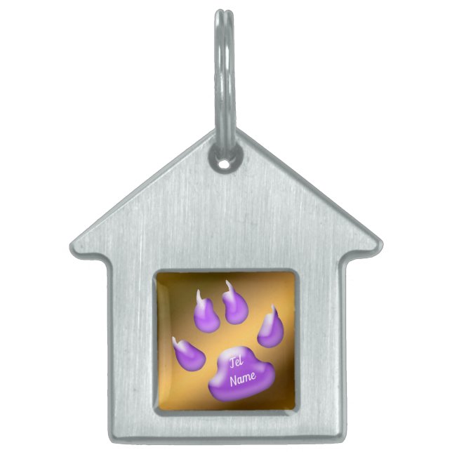 Placa Para Mascotas Gato Morado Dorado (Frente)
