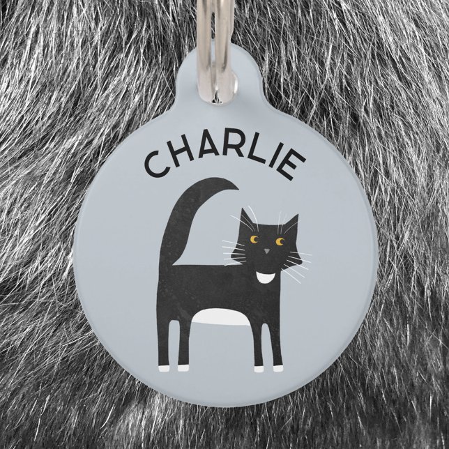 Placa Para Mascotas Gato negro blanco de esmoquín personalizado (Fun black and white Tuxedo cat pet tag with personalized custom name and details)