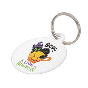 Placa Para Mascotas Gato Negro Boo, Café de Calabaza de Halloween Espe