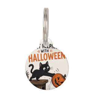Placa Para Mascotas Gato negro divertido derribando una calabaza de Ha