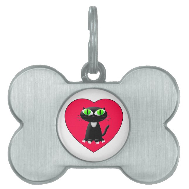 Placa Para Mascotas Gato Negro En Corazón Rojo (Frente)