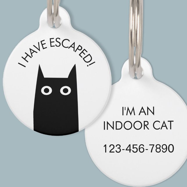 Placa Para Mascotas Gato negro escapado de gato interior (I have escaped indoor cat phone number pet tag)