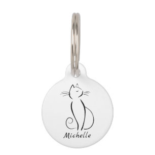 Placa Para Mascotas Gato negro minimalista en blanco Añadir nombre eti