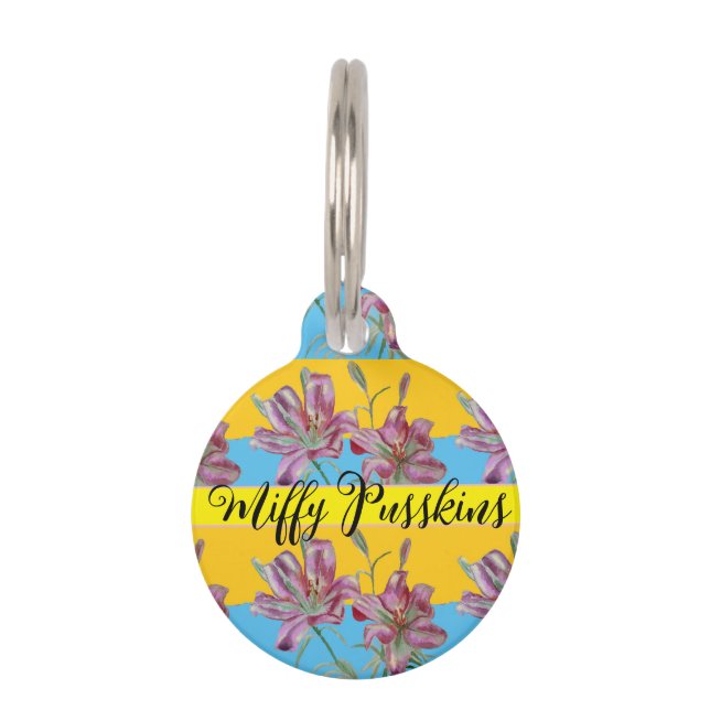 Placa Para Mascotas Gato Perro Shabby Floral Rosa Lily Cute Nombre Mas (Anverso)