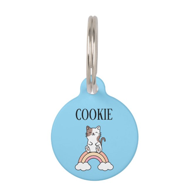 Placa Para Mascotas Gato sentado en un arcoiris personalizado  (Anverso)
