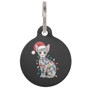 Placa Para Mascotas Gato Sphynx con sombrero de Santa y envuelto en Na