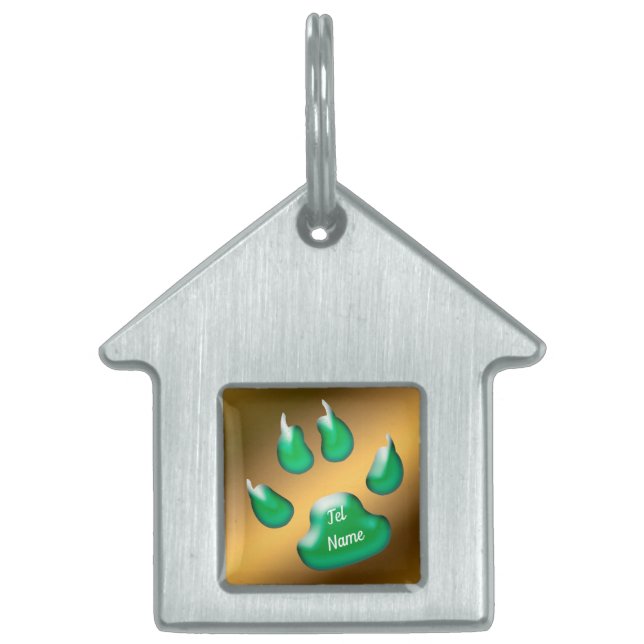 Placa Para Mascotas Gato Verde Dorado (Frente)