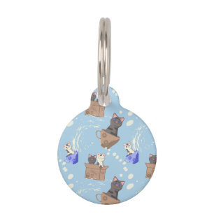 Placa Para Mascotas Gatos en caja y gotas de leche en azul