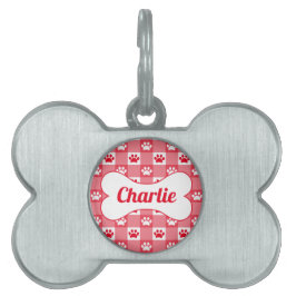 Placa Para Mascotas Gingham roja personalizada con pinturas y huesos