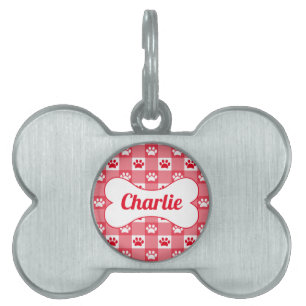 Placa Para Mascotas Gingham roja personalizada con pinturas y huesos