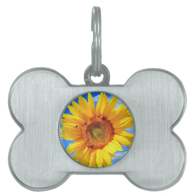 Placa Para Mascotas Girasol amarillo y abejas en el cielo azul - Día d (Frente)