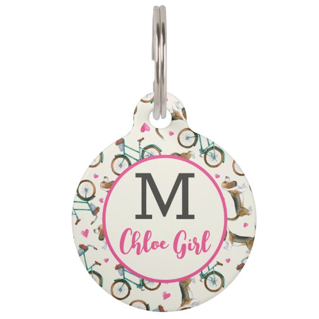 Placa Para Mascotas Girly Trendy Bicycles Perros Guión Rosa Redondo (Anverso)