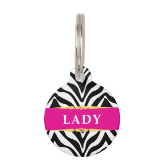 Placa Para Mascotas Glam Zebra Print and Hot Pink Personalized
