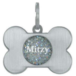 Placa Para Mascotas Glitzy Sparkly Silver Purpurina Bling