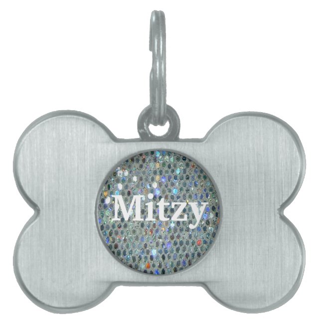 Placa Para Mascotas Glitzy Sparkly Silver Purpurina Bling (Frente)