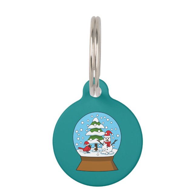 Placa Para Mascotas Globe w Cardinal Snowman & Pine Tree | Personaliza (Anverso)