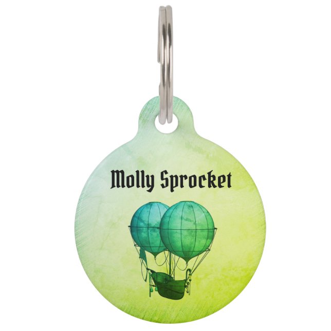 Placa Para Mascotas Globos de aire caliente Steampunk con verde barco (Anverso)