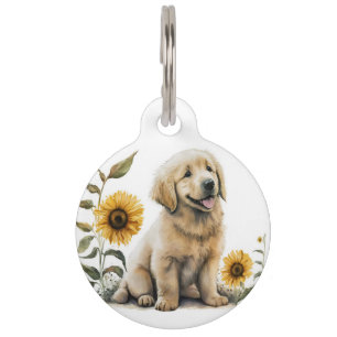 Placa Para Mascotas Golden Retriever Adorable con Girasoles