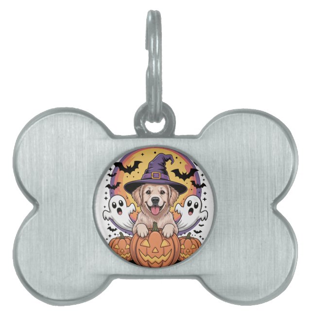 Placa Para Mascotas Golden Retriever Halloween (Frente)