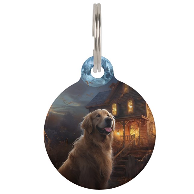 Placa Para Mascotas Golden Retriever Halloween Espantoso (Anverso)