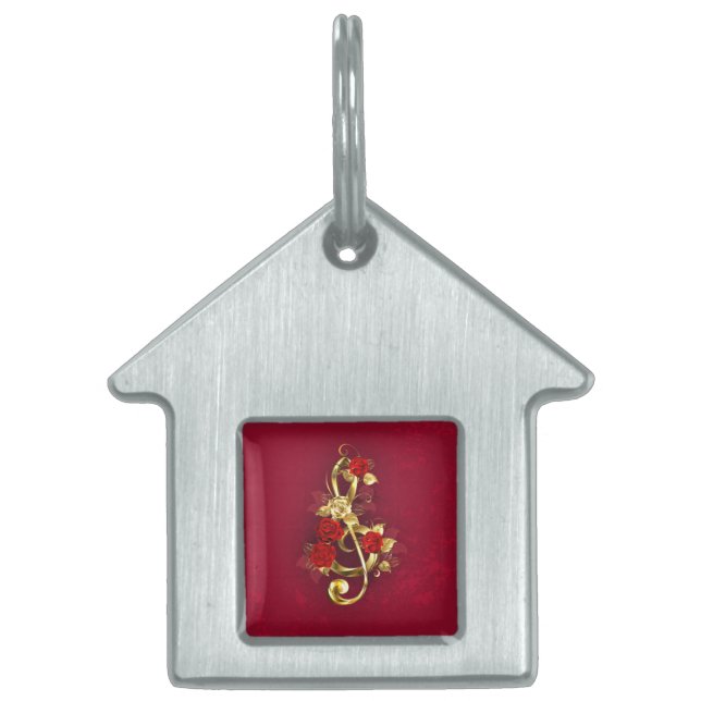 Placa Para Mascotas Golden Treble Clef con flores Rosas (Frente)