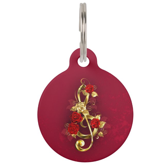 Placa Para Mascotas Golden Treble Clef con flores Rosas (Anverso)