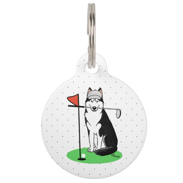 Placa Para Mascotas Golf Siberian Husky (negro) Perro Jugando Lindo Di (Anverso)
