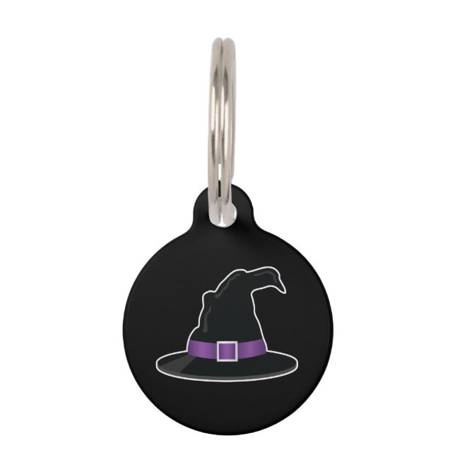 Placa Para Mascotas Gorra de bruja de Halloween con detalles morados (Anverso)