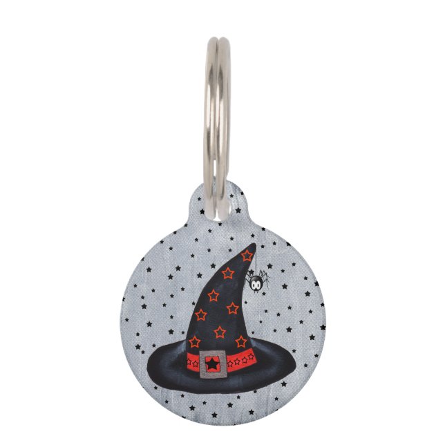 Placa Para Mascotas Gorra de bruja negra Stars Cute Spider Halloween (Anverso)