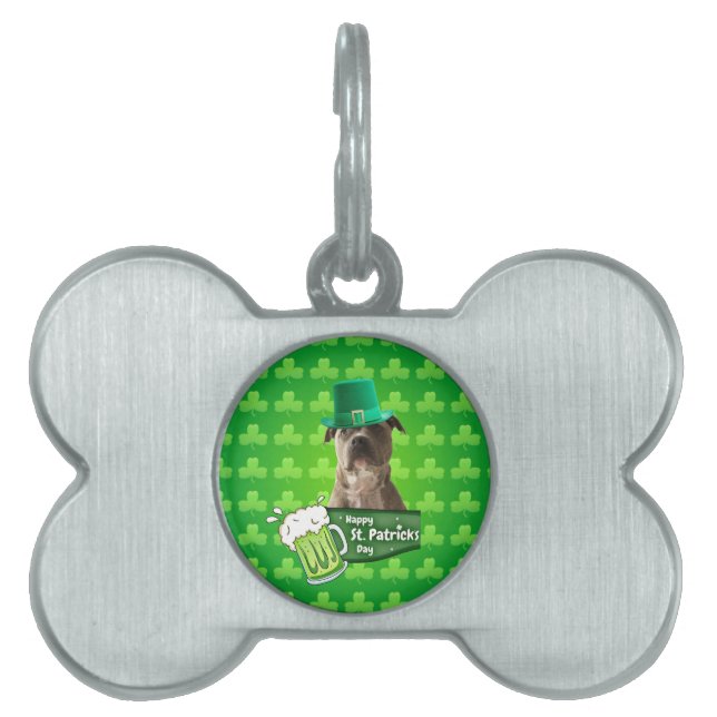 Placa Para Mascotas Gorra de Bulldog Cute Pit St. Patrick's Day w Clov (Frente)