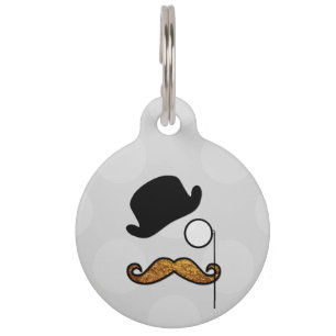 Placa Para Mascotas Gorra, Monocle, Mustache, Purpurina - Oro Negro