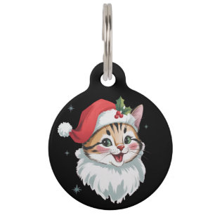 Placa Para Mascotas Gorro de Santa Rosa Retro Gatito Lindo Gato Navida