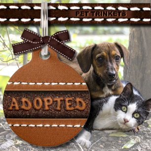 Placa Para Mascotas Grabado en relieve de cuero marrón adoptó gato de 