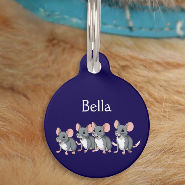 Placa Para Mascotas Gracioso gato azul de ratones Personalizado (A cute ID tag for your pet cat, with mice picture, custom name, and your own text on the back)