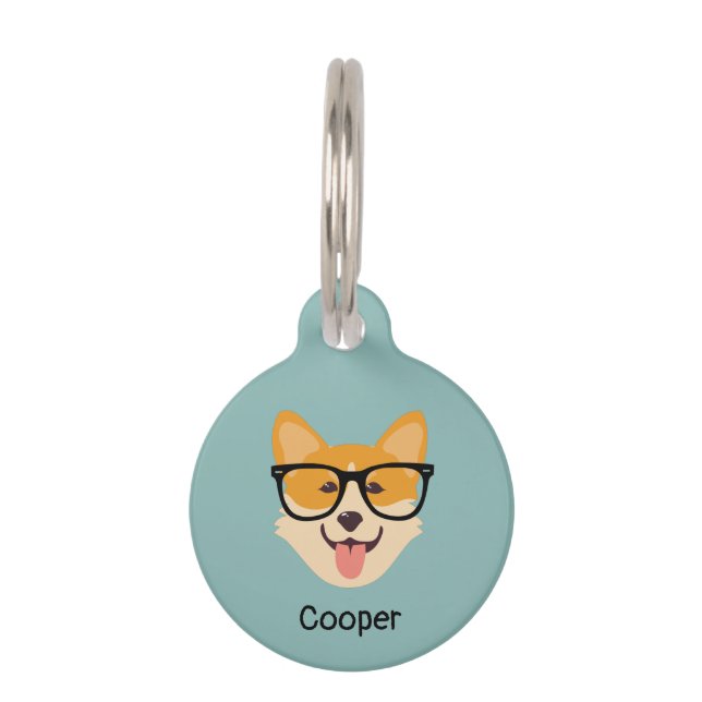 Placa Para Mascotas Gracioso y Persolado Hipster Corgi (Anverso)