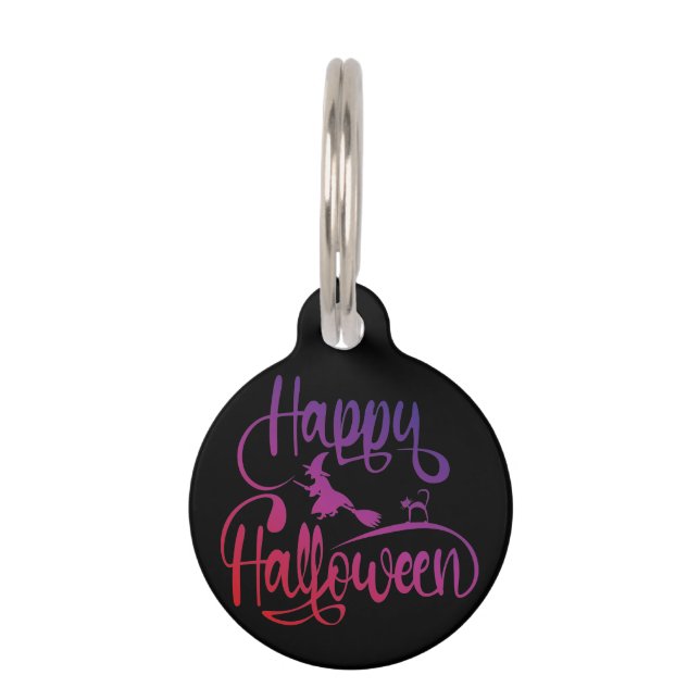 Placa Para Mascotas gradiente de feliz Halloween con bruja voladora y  (Anverso)