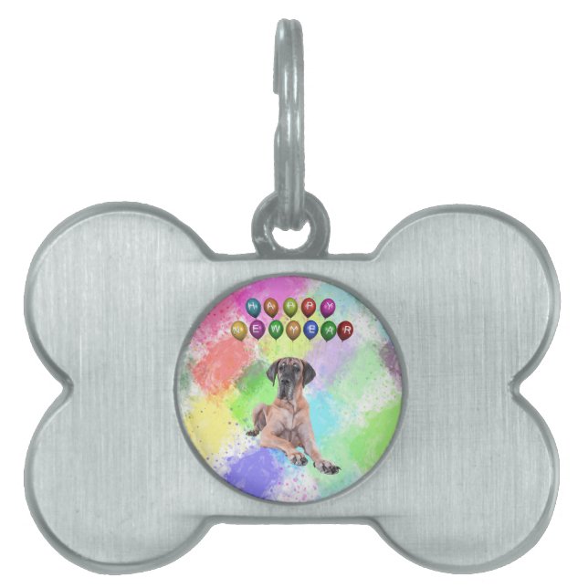 Placa Para Mascotas Gran Danés Deseando Feliz Año Nuevo (Frente)