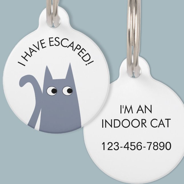 Placa Para Mascotas Gris azul de gato interior escapado (Escaped indoor cat personalized phone number safety blue gray cat pet tag)