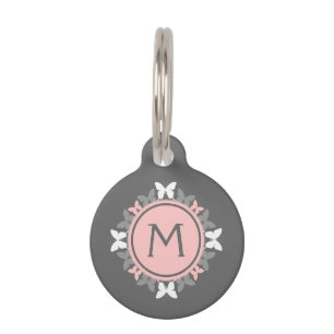 Placa Para Mascotas Gris blanco del rosa color de rosa del monograma