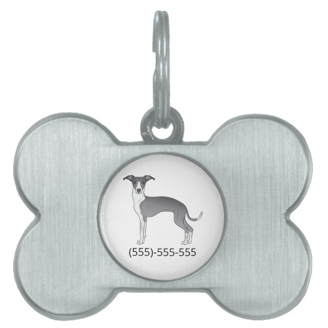 Placa Para Mascotas Gris Italiano Azul Y Blanco Con Número De Teléfono (Frente)