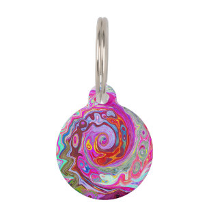Placa Para Mascotas Groovy Resumen Retro Pink caliente y Blue Swirl