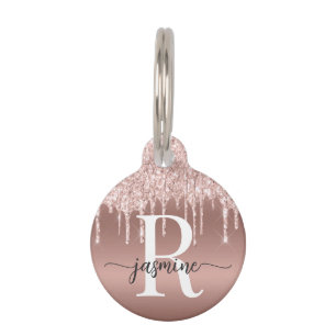 Placa Para Mascotas Guion de monograma de brillo dorado rosa femenino