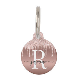 Placa Para Mascotas Guión Monograma Rosa Girly Cute Gold Purpurina