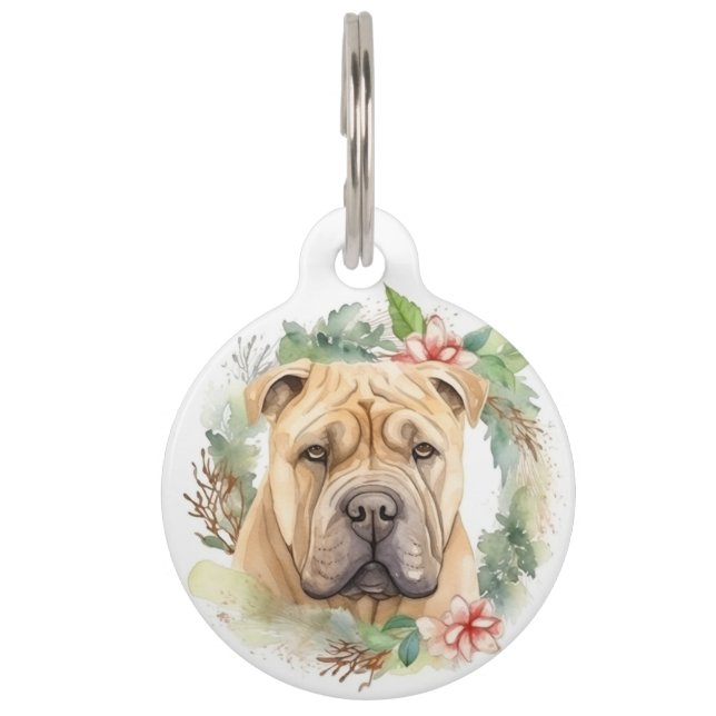 Placa Para Mascotas Guirnalda Navideña de Shar Pei Perro Festivo (Anverso)