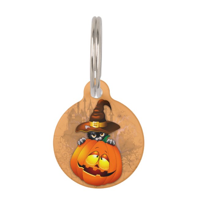 Placa Para Mascotas Halloween Cute Kitty Witch and Pumpkin Friend     (Anverso)