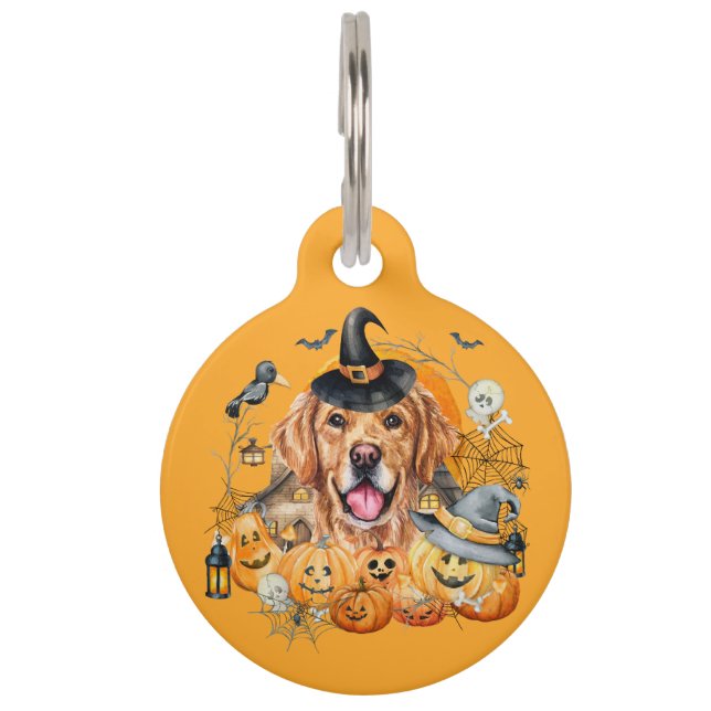 Placa Para Mascotas Halloween del perro con recuperador de oro persona (Anverso)