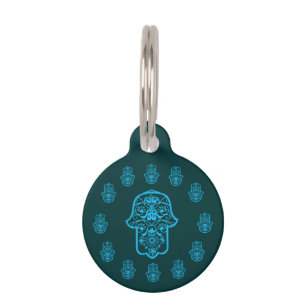 Placa Para Mascotas Hamsa floral (azul)